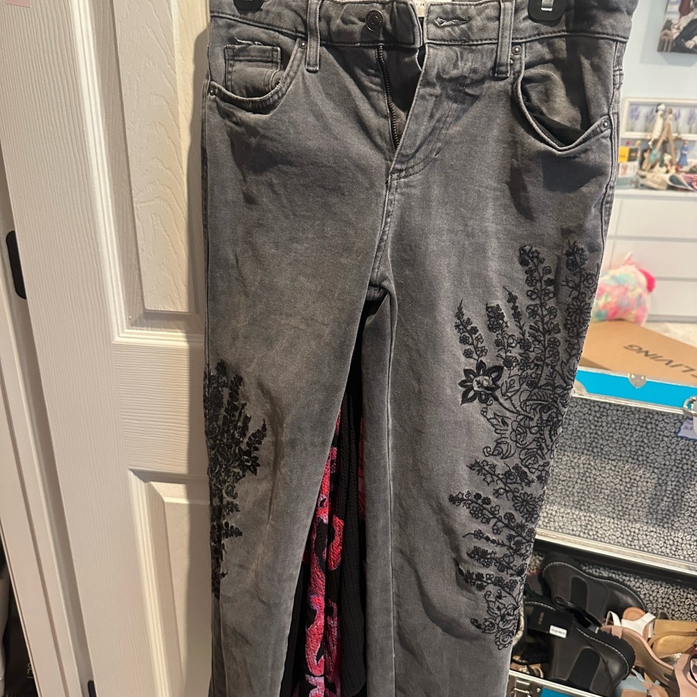 We The Free Charcoal Jeans with Black Floral Design